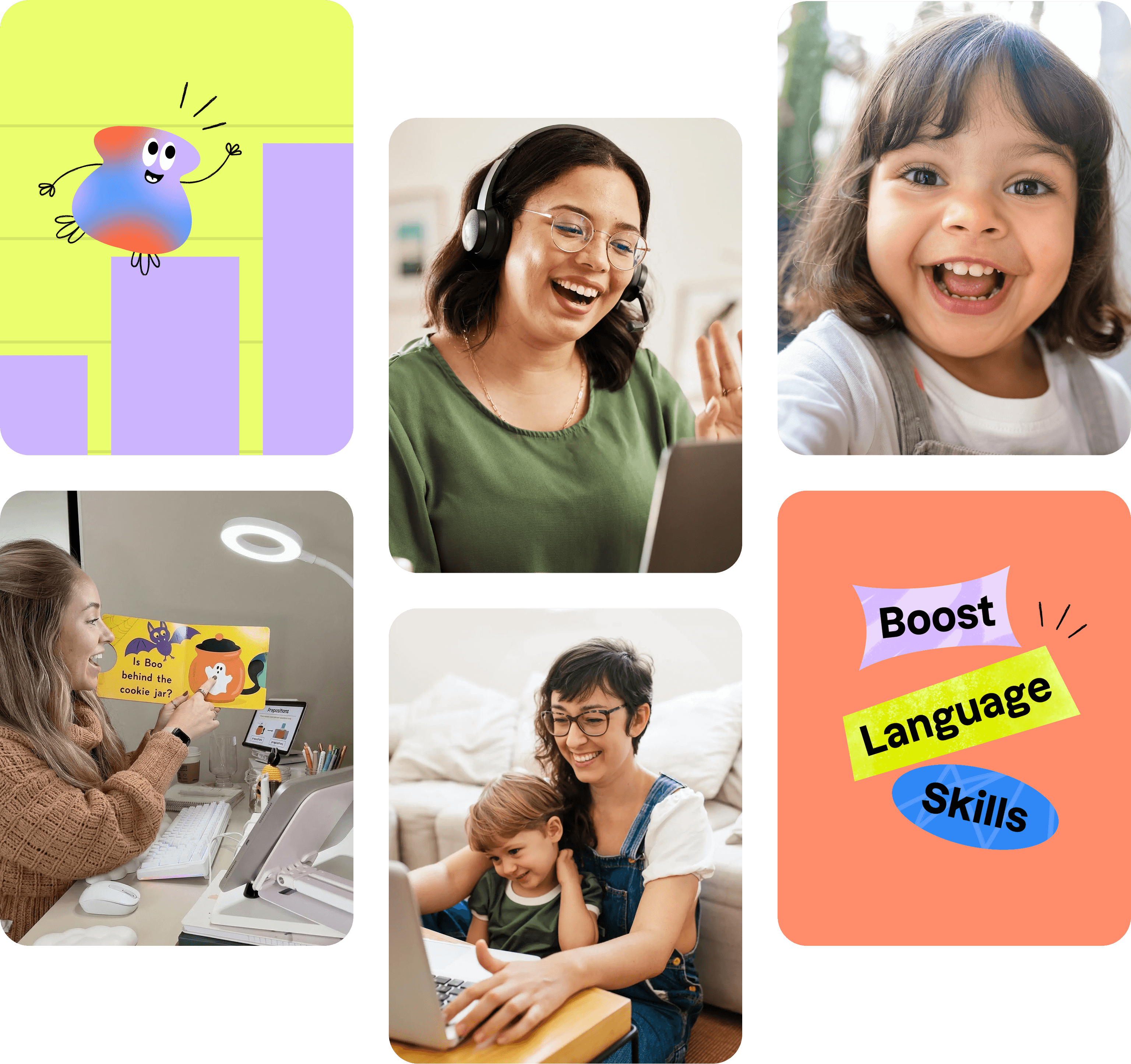 Collage of Expressable speech therapy sessions showing therapists, children, and caregivers in virtual sessions